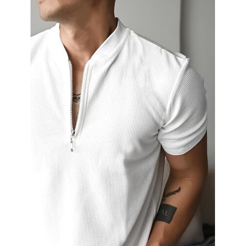 Jump Cuts Men Polyester Henley Tshirt||Half Sleeve|| Waffle Regular Fit Tshirt White, Xl