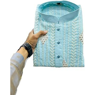 Foxdx Men's Soft Cotton Kurta Knee Length Mirror Embroidered Traditional Kurta For Men (In, Alpha, 2Xl, Regular, Hf_Sky)