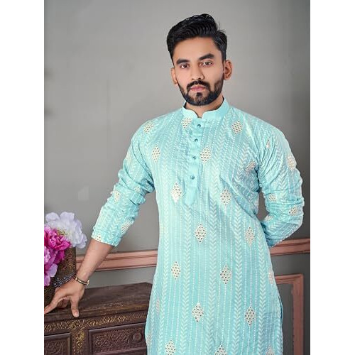 Foxdx Men's Soft Cotton Kurta Knee Length Mirror Embroidered Traditional Kurta For Men (In, Alpha, 2Xl, Regular, Hf_Sky)