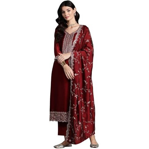 Indo Era Women's Maroon Silk Blend Embroidered Straight Kurta & Pant With Dupatta Set (Kh9Mr6584_Xx-Large)