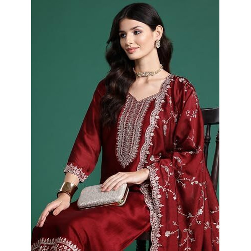 Indo Era Women's Maroon Silk Blend Embroidered Straight Kurta & Pant With Dupatta Set (Kh9Mr6584_Xx-Large)