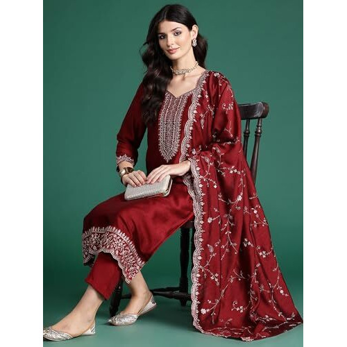 Indo Era Women's Maroon Silk Blend Embroidered Straight Kurta & Pant With Dupatta Set (Kh9Mr6584_Xx-Large)