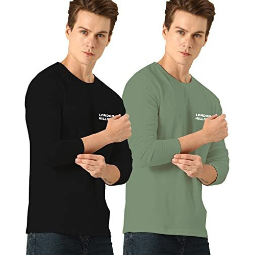 London Hills Men's Cotton Round Neck Full Sleeve Black, Light Green Regular Fit T-Shirt (Pack Of 2), Medium