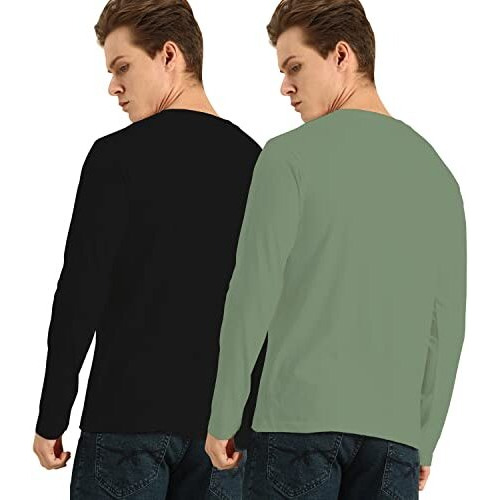 London Hills Men's Cotton Round Neck Full Sleeve Black, Light Green Regular Fit T-Shirt (Pack Of 2), Medium