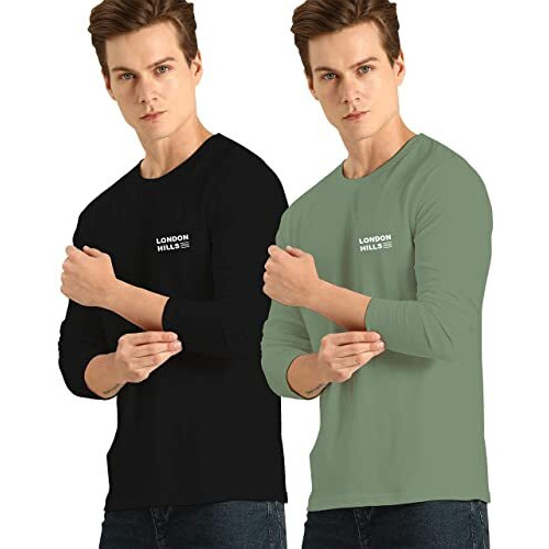 London Hills Men's Cotton Round Neck Full Sleeve Black, Light Green Regular Fit T-Shirt (Pack Of 2), Medium