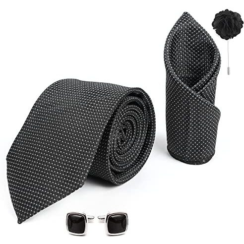 Rizoro Mens Plaid Dotted Silk Necktie Gift Set With Pocket Square Cufflinks & Brooch Pin Formal Tie With Leatherite Box (Black A10Bkrx Free Size)