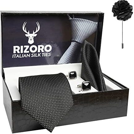 Rizoro Mens Plaid Dotted Silk Necktie Gift Set With Pocket Square Cufflinks & Brooch Pin Formal Tie With Leatherite Box (Black A10Bkrx Free Size)