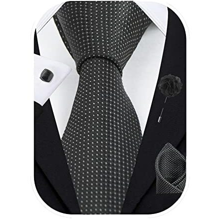 Rizoro Mens Plaid Dotted Silk Necktie Gift Set With Pocket Square Cufflinks & Brooch Pin Formal Tie With Leatherite Box (Black A10Bkrx Free Size)