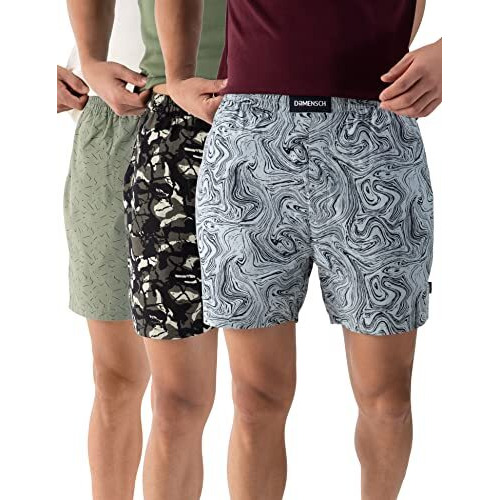 Damensch Men's Cotton Boxers (Pack Of 3) (Dam-Prin-Lbx-Pack-3-Dgn-Coe-Mrg-Mix-L_Dot Green, Camo Grey, Marble Grey_L)