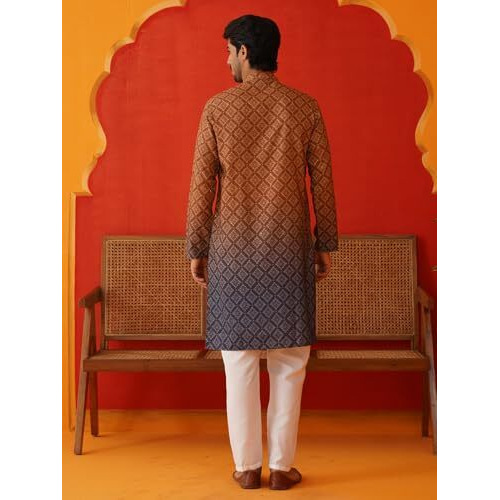 Jompers Brown Brown Ombre Printed Kurta Pyjama Set For Men (Brown, L)