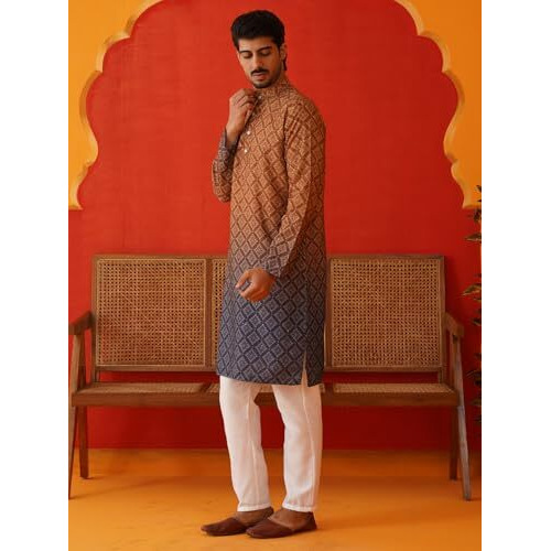 Jompers Brown Brown Ombre Printed Kurta Pyjama Set For Men (Brown, L)