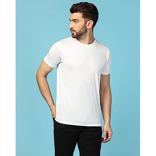 Inkkr Men's Solid Round Neck Polyester White T-Shirt