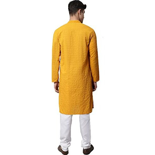 Jompers Men Mustard And Embroidered Kurta With Churidar (Mustard, S)