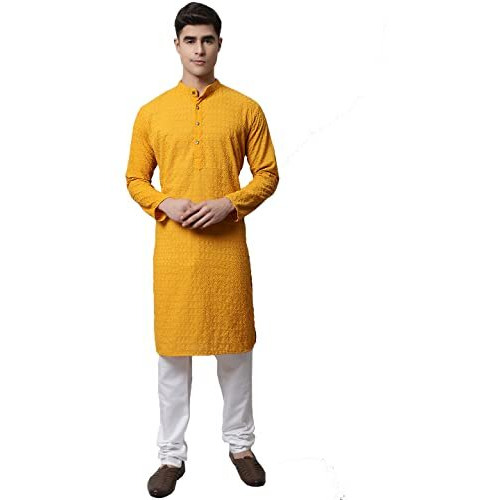 Jompers Men Mustard And Embroidered Kurta With Churidar (Mustard, S)