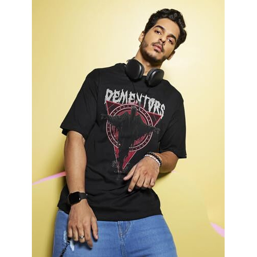 Bewakoof Men's Graphic Printed 100% Cotton T-Shirt - Oversized Fit, Round Neck, Half Sleeves_589145_Black_M