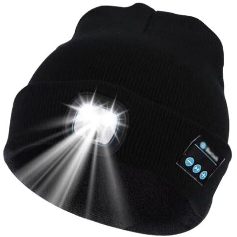 Fabseasons Acrylic Unisex Winter Skull Cap/Beanie/Hat With Rechargeable Led Lights & In-Built Wireless Bluetooth Headphones - For Outdoors/Trekking/Running Black, Free Size