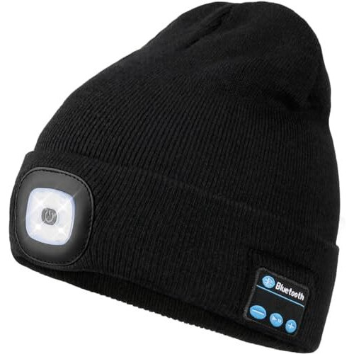 Fabseasons Acrylic Unisex Winter Skull Cap/Beanie/Hat With Rechargeable Led Lights & In-Built Wireless Bluetooth Headphones - For Outdoors/Trekking/Running Black, Free Size