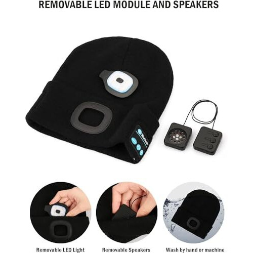 Fabseasons Acrylic Unisex Winter Skull Cap/Beanie/Hat With Rechargeable Led Lights & In-Built Wireless Bluetooth Headphones - For Outdoors/Trekking/Running Black, Free Size