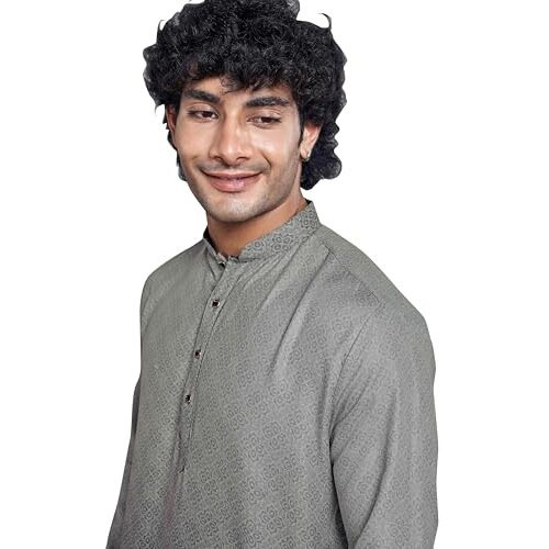 Vardha Men's Cotton Print Shaded Stitched Kurta, Cloud Grey Moroccan Pattern Printed Kurtas For Men, Bandhgala Collar, Antique Buttons, Size L