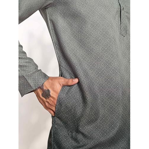 Vardha Men's Cotton Print Shaded Stitched Kurta, Cloud Grey Moroccan Pattern Printed Kurtas For Men, Bandhgala Collar, Antique Buttons, Size L