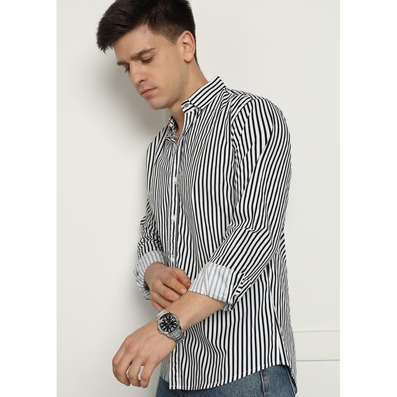 Men's Cotton Casual Printed Striped Stylish Latest Shirt For Men (Black-White Large)