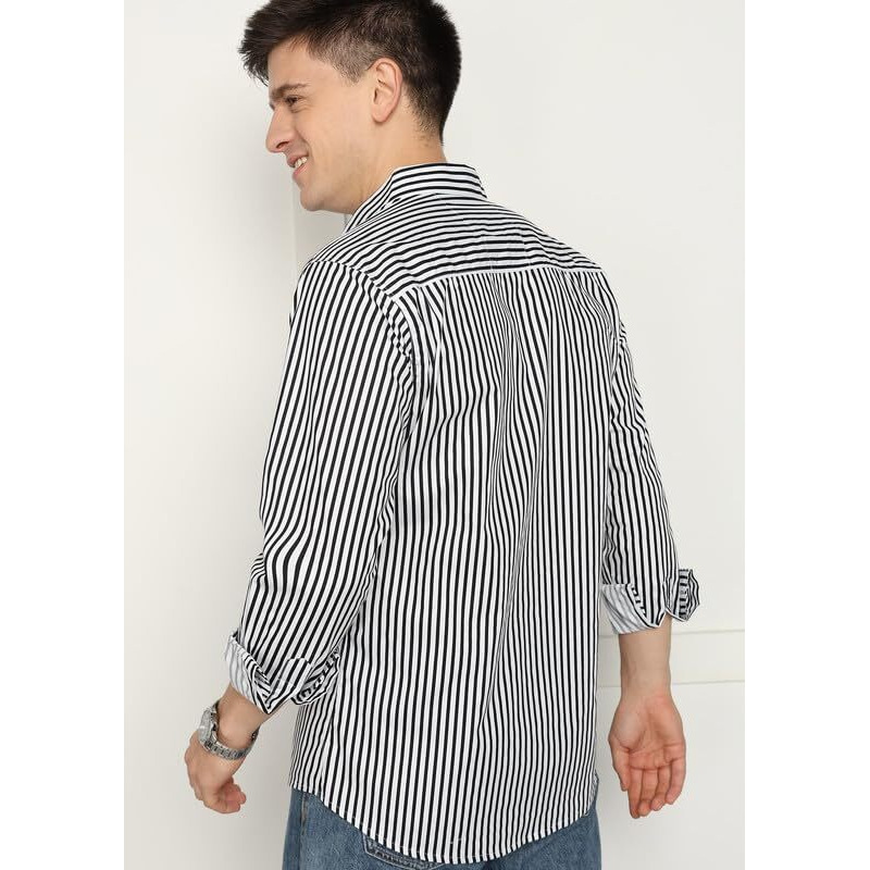 Men's Cotton Casual Printed Striped Stylish Latest Shirt For Men (Black-White Large)
