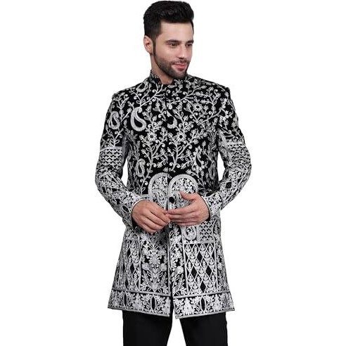 Wintage Embroidered Velvet Black Bandhgala - 40 / Medium - Blazer1559