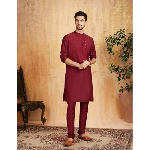 Amazon Brand - Symbol Men's Rayon Festive Embellished Long Kurta (Regular Fit) (Sy-A22-Mna-Etk-02_Maroon_M)