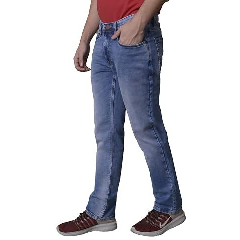 I'sol Men's Stylish Straight Relaxed Fit Mid Rise Cotton Blend Stretchable Jeans Light Blue, 34