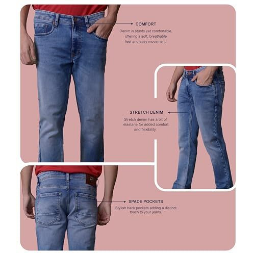 I'sol Men's Stylish Straight Relaxed Fit Mid Rise Cotton Blend Stretchable Jeans Light Blue, 34