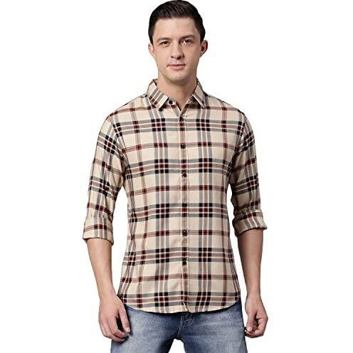 Dennis Lingo Men's Checkered Full Sleeves Beige Slim Fit Casual Shirt With Spread Collar (Small), S