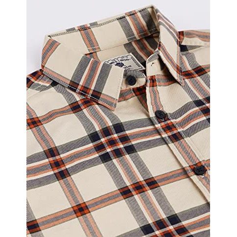 Dennis Lingo Men's Checkered Full Sleeves Beige Slim Fit Casual Shirt With Spread Collar (Small), S