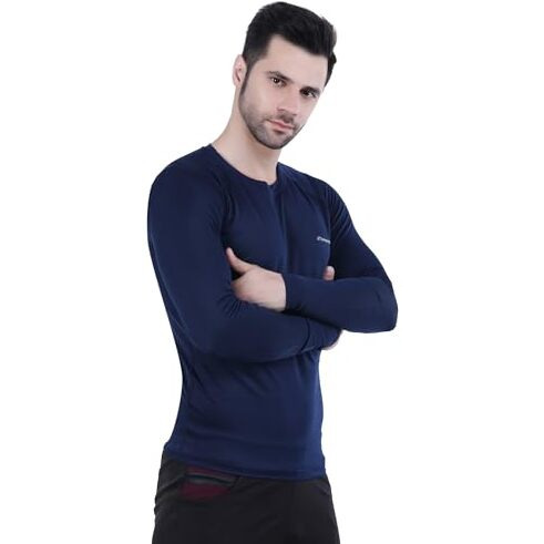 Athmonk Compression T-Shirt Vest Body Shaper Long Full Sleeve For Men Boys Branded - Poly Lycra Fabric - Workout Gym Cricket Football Sports Training - Keep Dry Tight Skin Fit - Round Neck - Navy, Xl