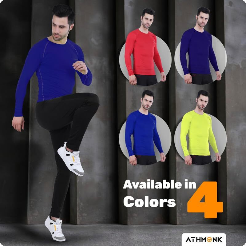 Athmonk Compression T-Shirt Vest Body Shaper Long Full Sleeve For Men Boys Branded - Poly Lycra Fabric - Workout Gym Cricket Football Sports Training - Keep Dry Tight Skin Fit - Round Neck - Navy, Xl