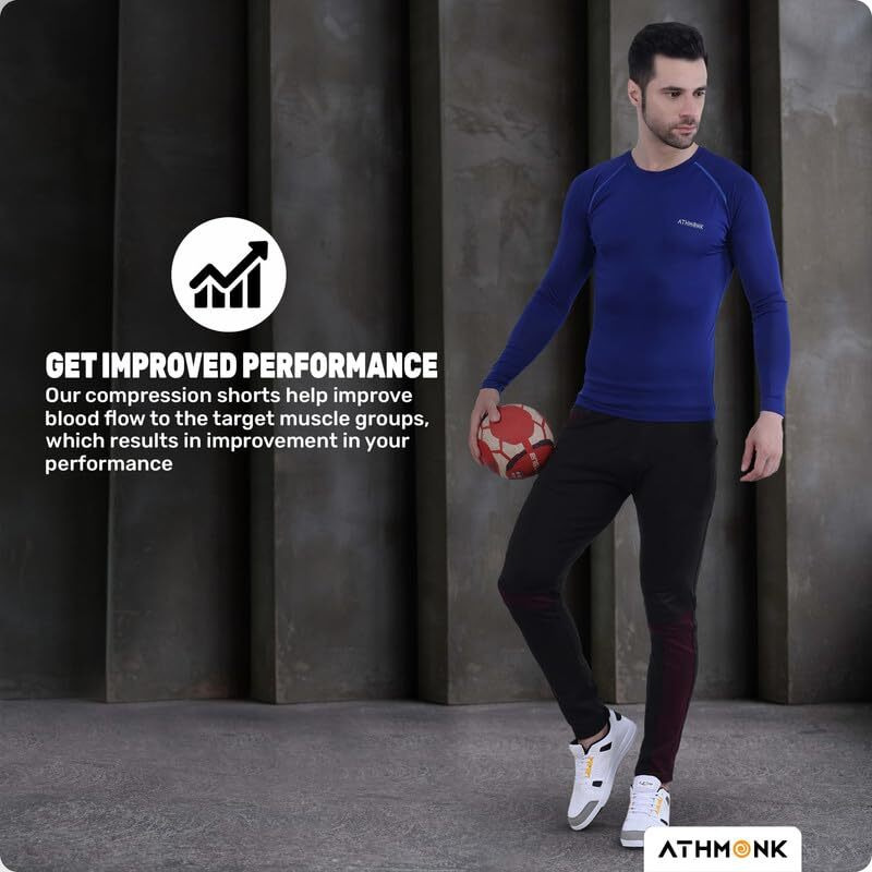 Athmonk Compression T-Shirt Vest Body Shaper Long Full Sleeve For Men Boys Branded - Poly Lycra Fabric - Workout Gym Cricket Football Sports Training - Keep Dry Tight Skin Fit - Round Neck - Navy, Xl