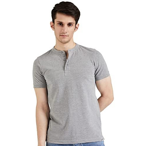 Amazon Brand - Symbol Men's Cotton Rich Polo T Shirt | Mandarin Collar Tshirts | Half Sleeves | Plain - Regular Fit (Mid Grey Melange_M)