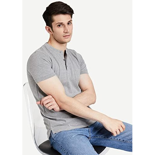 Amazon Brand - Symbol Men's Cotton Rich Polo T Shirt | Mandarin Collar Tshirts | Half Sleeves | Plain - Regular Fit (Mid Grey Melange_M)