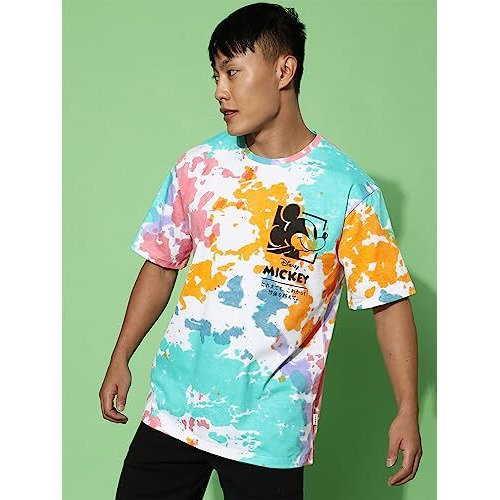 Veirdo Men's Pure Cotton Oversize Fit Round Neck Half Sleeves Original Diney's Mickey Merch Tie-Dye Multicolor T-Shirt (Vd_Os_St3008_Td_Xl)