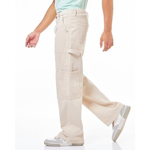 Bewakoof Men's Solid Straight Fit Cotton Carpenter Jeans_624675_Beige_30