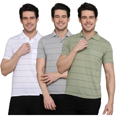 Inkkr Striped Men Polo Neck T-Shirt Combo (Maroon,Teel,Lgreen) L