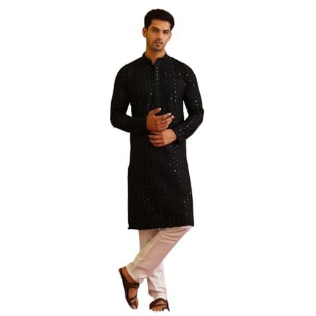 Sojanya (Since 1958 Men's Pure Cotton Sequined Black Kurta And White Pyjama Set
