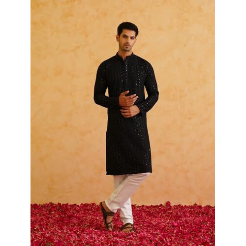 Sojanya (Since 1958 Men's Pure Cotton Sequined Black Kurta And White Pyjama Set