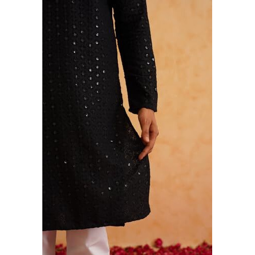 Sojanya (Since 1958 Men's Pure Cotton Sequined Black Kurta And White Pyjama Set