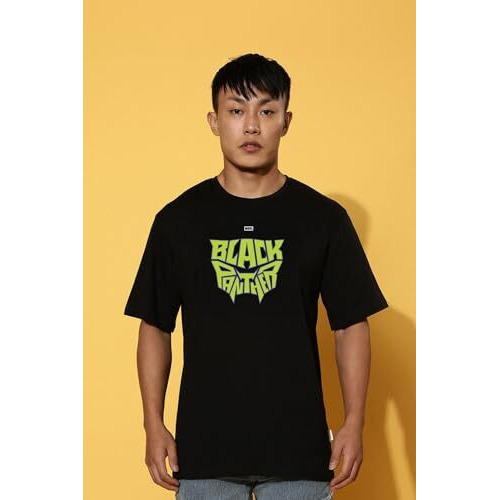 Veirdo Pure Cotton Oversized Loose Fit Official Marvel Merchandise Cool & Marvelous Graphic Printed Drop Shoulder T-Shirt For Men (Os_Mav_Vbkpnthr2_Bk_M)