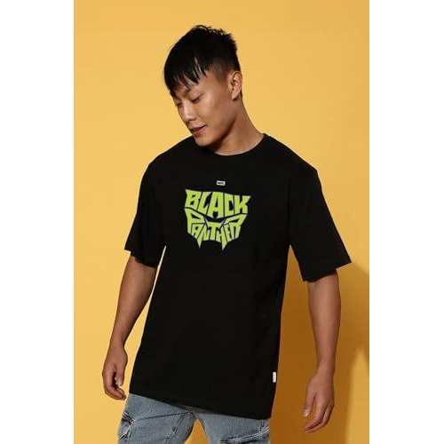 Veirdo Pure Cotton Oversized Loose Fit Official Marvel Merchandise Cool & Marvelous Graphic Printed Drop Shoulder T-Shirt For Men (Os_Mav_Vbkpnthr2_Bk_M)