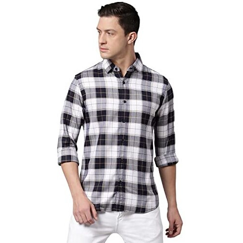 Dennis Lingo Men's Checkered Navy Slim Fit Casual Shirt With Spread Collar (M)