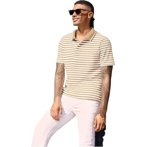 Mack Jonney Men's Striped Cotton Rich Polo T Shirt | Collar Tshirts | Half Sleeves | Stripe-Regular Fit-Mack640609 Camel