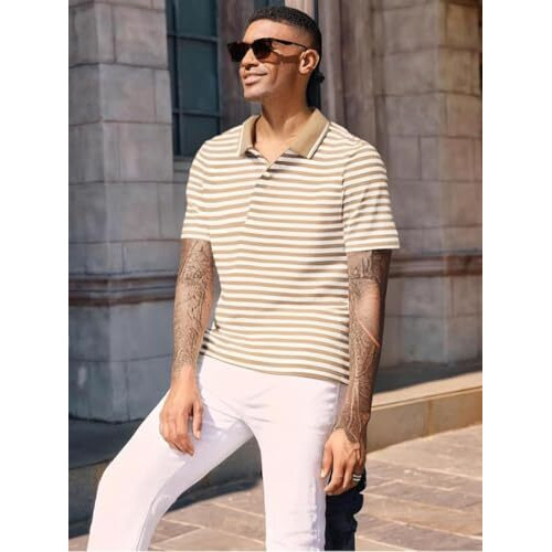 Mack Jonney Men's Striped Cotton Rich Polo T Shirt | Collar Tshirts | Half Sleeves | Stripe-Regular Fit-Mack640609 Camel