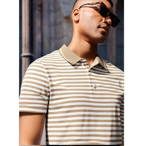 Mack Jonney Men's Striped Cotton Rich Polo T Shirt | Collar Tshirts | Half Sleeves | Stripe-Regular Fit-Mack640609 Camel