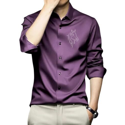 Indoprimo Men's Stylish Club Wear Satin Party Shirt Full Sleeve (In, Alpha, M, Regular, Purple)